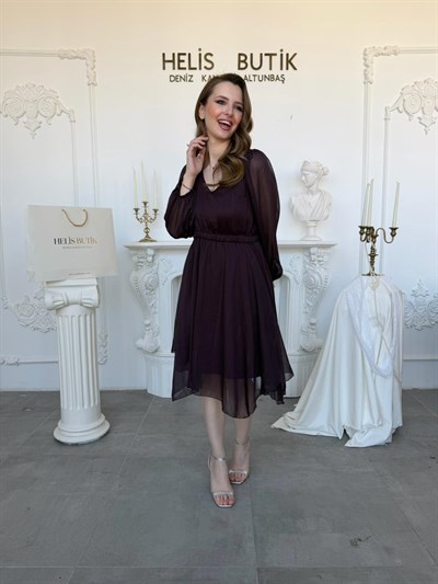 Asimetrik Kesim Simli Şifon Kumaş V Yaka Midi Boy Elbise - Mürdüm