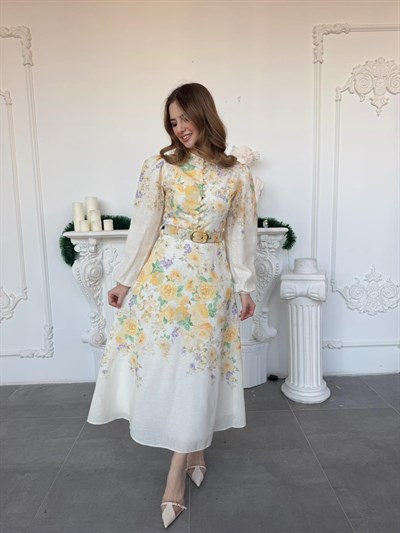 Balon Kol Hakim Yaka Çiçekli Keten Elbise - Sarı
