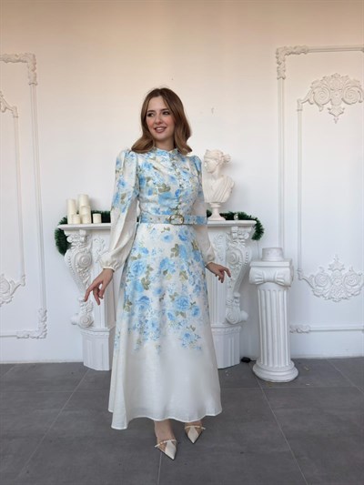 Balon Kol Hakim Yaka Çiçekli Keten Elbise - Mavi