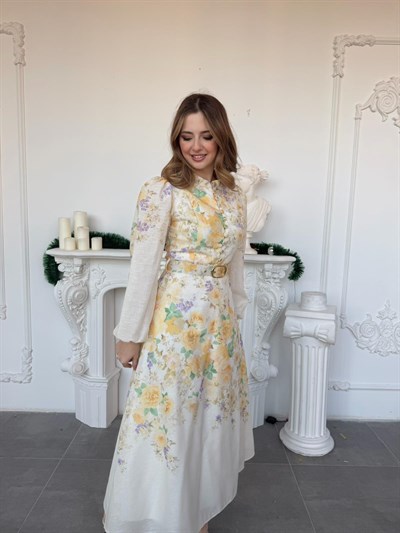 Balon Kol Hakim Yaka Çiçekli Keten Elbise - Sarı