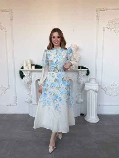 Balon Kol Hakim Yaka Çiçekli Keten Elbise - Mavi