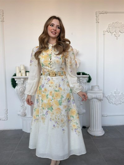 Balon Kol Hakim Yaka Çiçekli Keten Elbise - Sarı