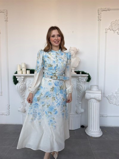 Balon Kol Hakim Yaka Çiçekli Keten Elbise - Mavi