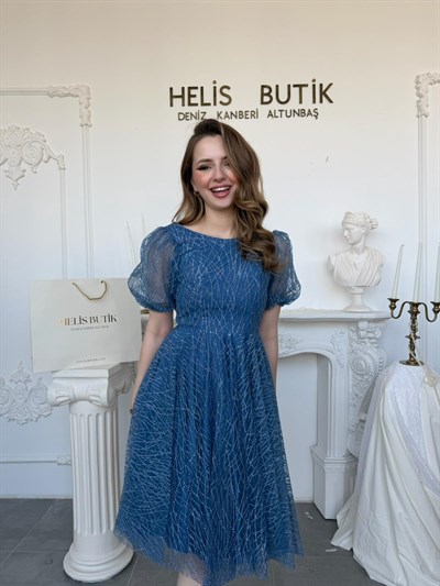 Balon Kol Midi Boy Simli Abiye Elbise - Mavi