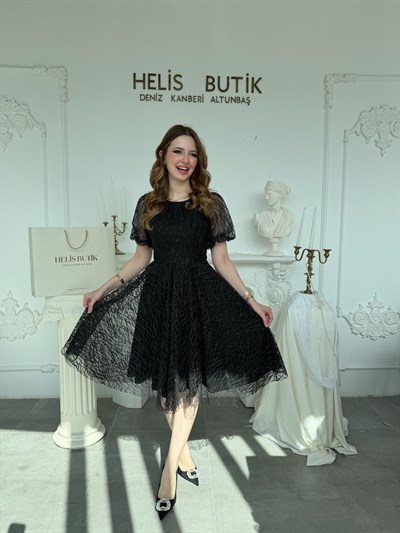 Balon Kol Midi Boy Simli Abiye Elbise - Siyah