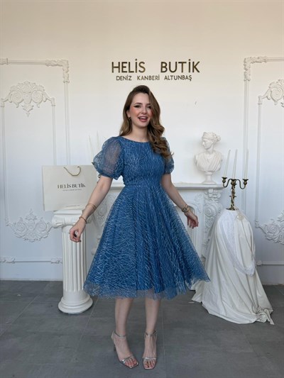 Balon Kol Midi Boy Simli Abiye Elbise - Mavi