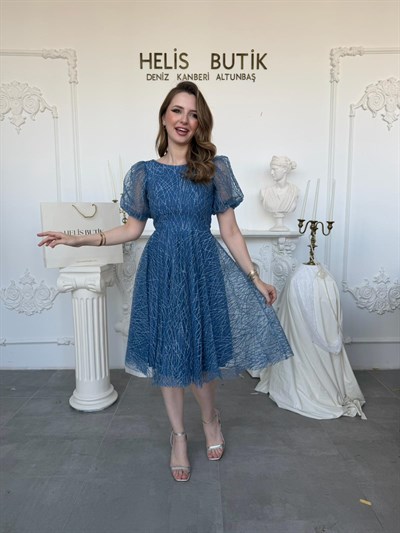Balon Kol Midi Boy Simli Abiye Elbise - Mavi