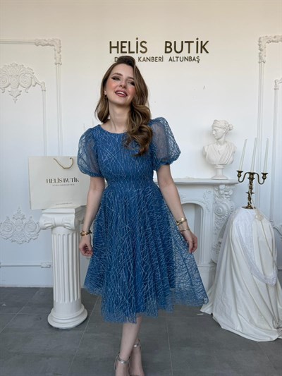 Balon Kol Midi Boy Simli Abiye Elbise - Mavi
