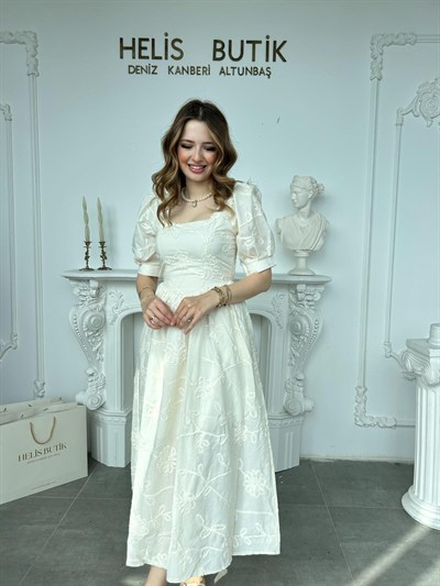 Balon Kollu Brode Elbise Bej