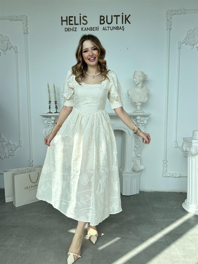 Balon Kollu Brode Elbise Bej