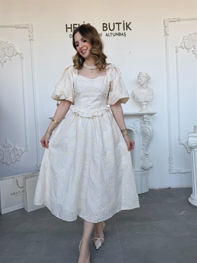 Balon Kollu Dantelli Brode Bej ELBİSE