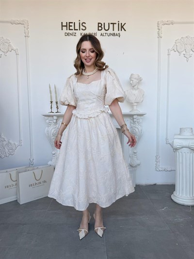 Balon Kollu Dantelli Brode Bej ELBİSE