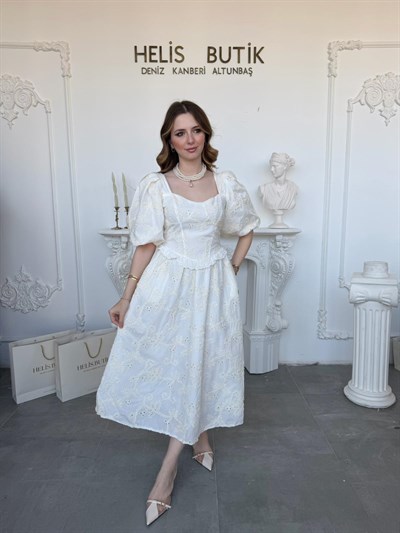 Balon Kollu Dantelli Brode Ekru ELBİSE