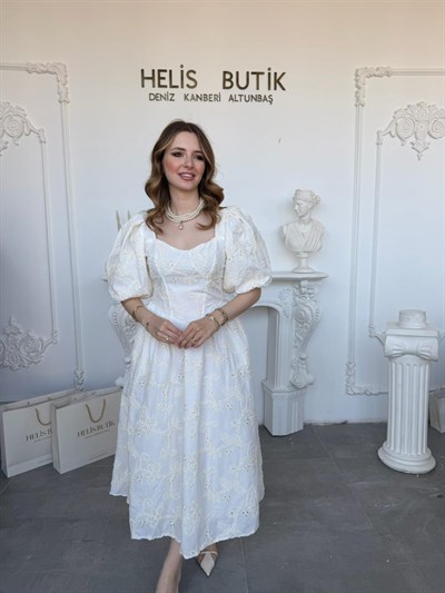 Balon Kollu Dantelli Brode Ekru ELBİSE