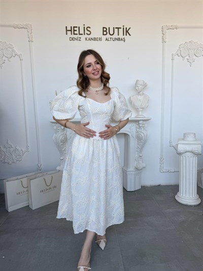 Balon Kollu Dantelli Brode Ekru ELBİSE