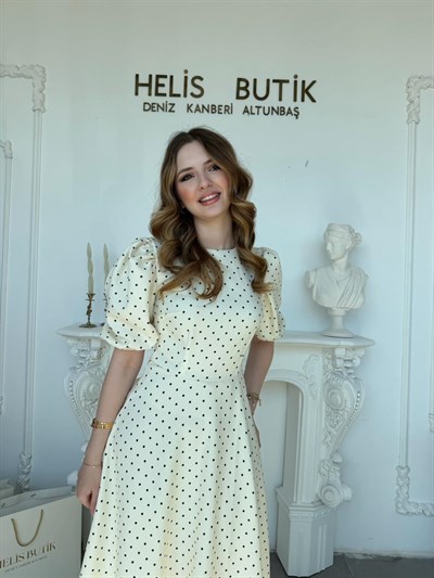 Balon Kollu Puantiyeli Baskılı Krep Kumaş Midi Boy Elbise - Ekru