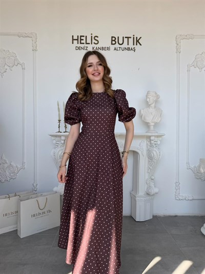 Balon Kollu Puantiyeli Baskılı Krep Kumaş Midi Boy Elbise - Kahve