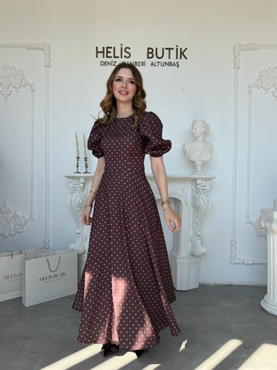 Balon Kollu Puantiyeli Baskılı Krep Kumaş Midi Boy Elbise - Kahve
