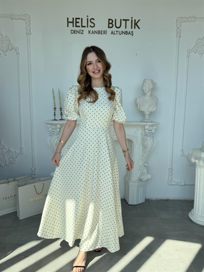 Balon Kollu Puantiyeli Baskılı Krep Kumaş Midi Boy Elbise - Ekru