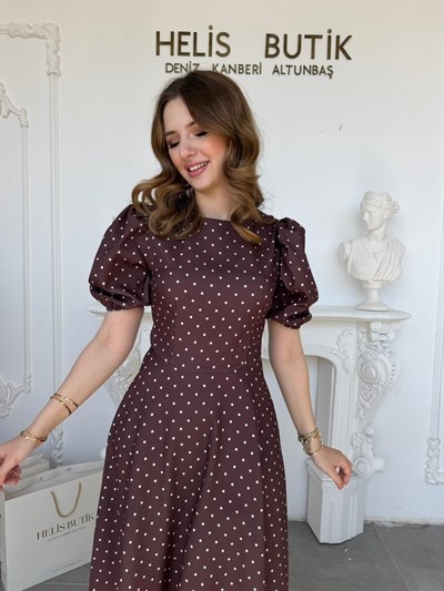 Balon Kollu Puantiyeli Baskılı Krep Kumaş Midi Boy Elbise - Kahve