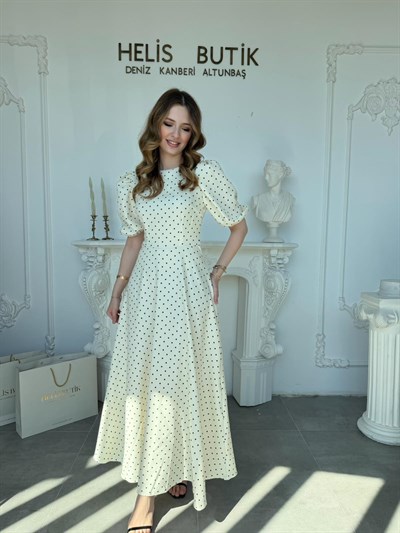 Balon Kollu Puantiyeli Baskılı Krep Kumaş Midi Boy Elbise - Ekru