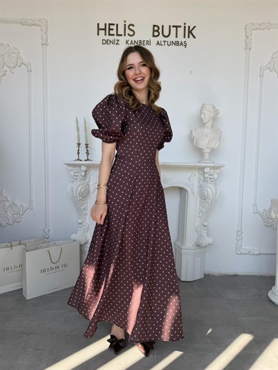 Balon Kollu Puantiyeli Baskılı Krep Kumaş Midi Boy Elbise - Kahve