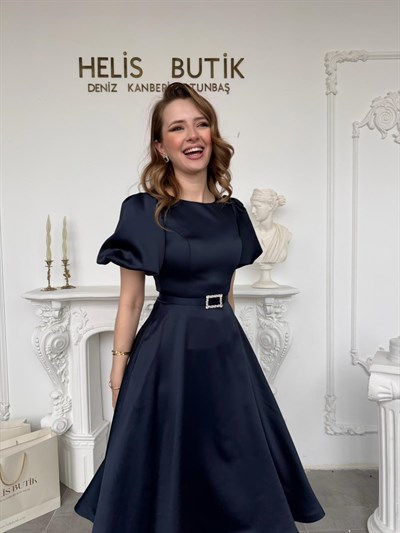 Balon Kollu Saten Midi Boy Davet Abiye Elbisesi - Lacivert