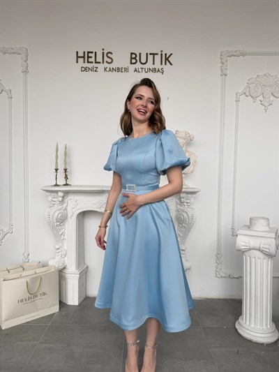 Balon Kollu Saten Midi Boy Davet Abiye Elbisesi - Bebe Mavi