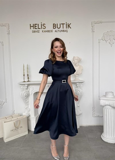 Balon Kollu Saten Midi Boy Davet Abiye Elbisesi - Lacivert