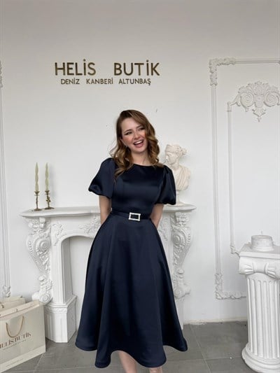 Balon Kollu Saten Midi Boy Davet Abiye Elbisesi - Lacivert