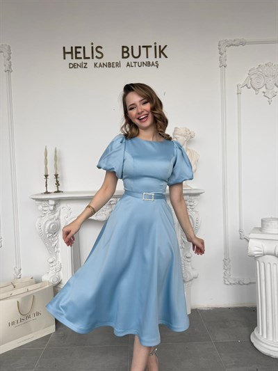 Balon Kollu Saten Midi Boy Davet Abiye Elbisesi - Bebe Mavi