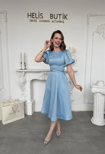 Balon Kollu Saten Midi Boy Davet Abiye Elbisesi - Bebe Mavi