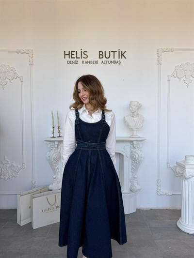 Bantlı Tasarım Midi Boy Kot Elbise