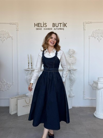 Bantlı Tasarım Midi Boy Kot Elbise