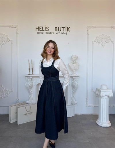 Bantlı Tasarım Midi Boy Kot Elbise