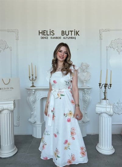 Baskılı Pamuk Keten Kare Yaka Fırfırlı Midi Elbise - Ekru