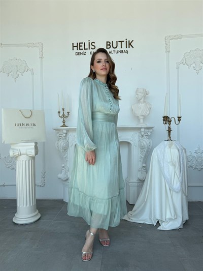 Bel Vurgulu Işıltılı Kumaş Düğme Detaylı Hakim Yaka Elbise - Mint
