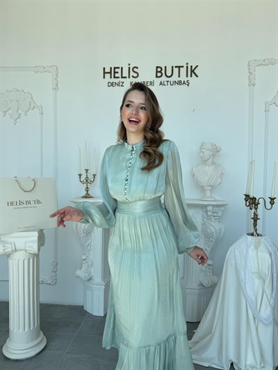 Bel Vurgulu Işıltılı Kumaş Düğme Detaylı Hakim Yaka Elbise - Mint