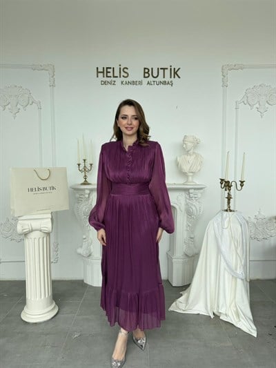 Bel Vurgulu Işıltılı Kumaş Düğme Detaylı Hakim Yaka Elbise - Mor