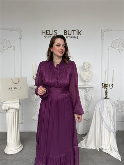 Bel Vurgulu Işıltılı Kumaş Düğme Detaylı Hakim Yaka Elbise - Mor