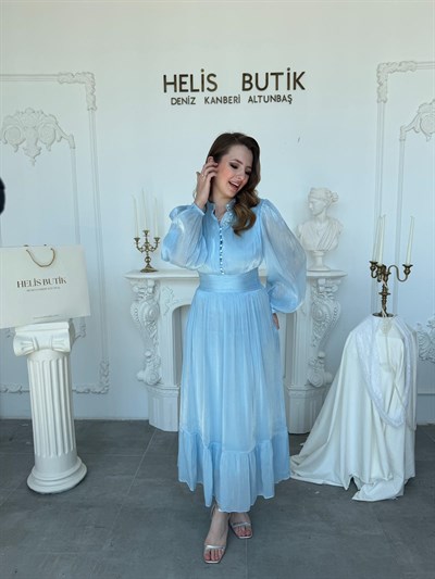 Bel Vurgulu Işıltılı Kumaş Düğme Detaylı Hakim Yaka Elbise - Mavi