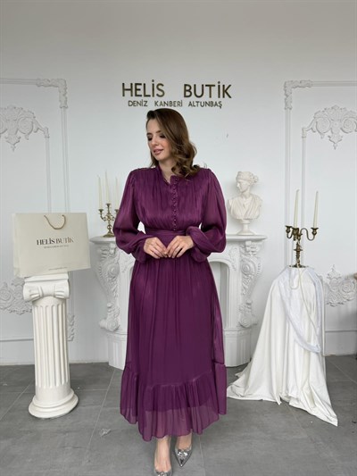 Bel Vurgulu Işıltılı Kumaş Düğme Detaylı Hakim Yaka Elbise - Mor