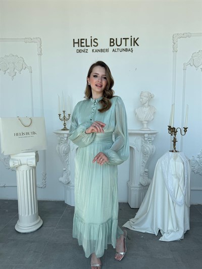 Bel Vurgulu Işıltılı Kumaş Düğme Detaylı Hakim Yaka Elbise - Mint