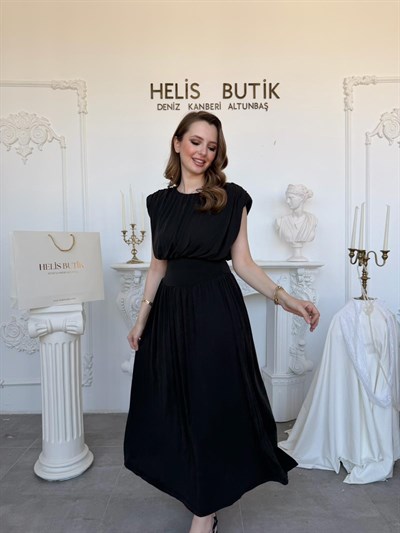 Bel Vurgulu Modal Kumaş Etekli Tulum Elbise - Siyah