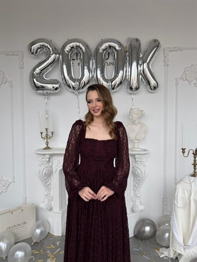 Belden Bağlamalı Kare Yaka Korse Detaylı Dantel Abiye Elbise - Mürdüm