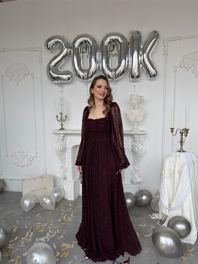 Belden Bağlamalı Kare Yaka Korse Detaylı Dantel Abiye Elbise - Mürdüm