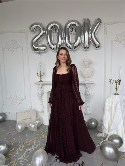 Belden Bağlamalı Kare Yaka Korse Detaylı Dantel Abiye Elbise - Mürdüm