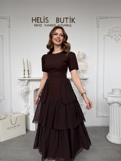 Beli Bağlamalı Korse Detaylı Katlı Tül Elbise - Kahve