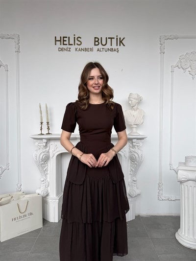 Beli Bağlamalı Korse Detaylı Katlı Tül Elbise - Kahve