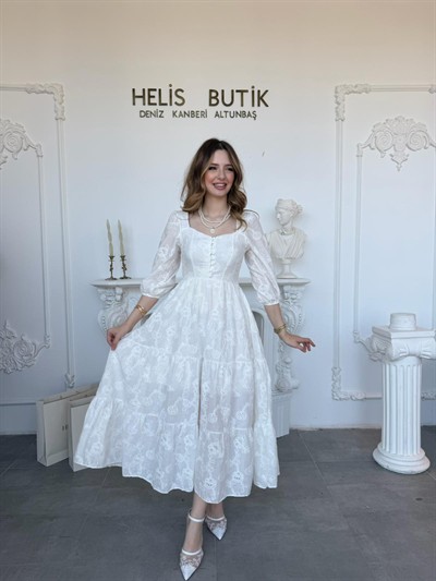 Beyaz Nakış İşlemeli Brode Elbise